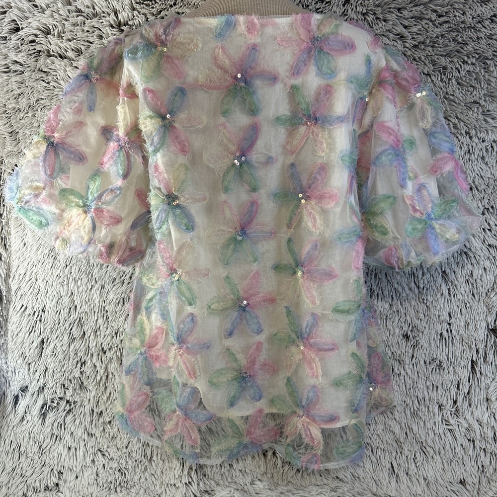 Umgee 3D Floral Boho Hippie Sheer Top Blouse Size L Puff Sleeves Sequins‎ Mesh - Picture 7 of 13